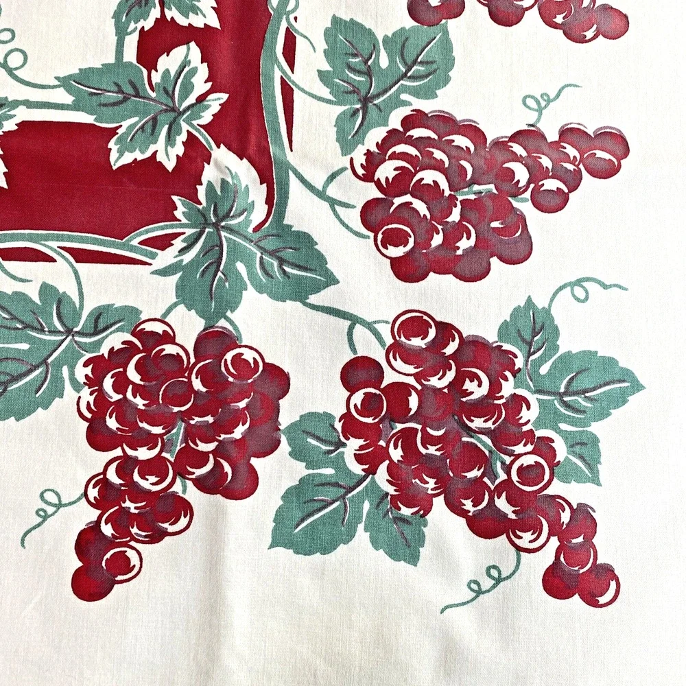 Vintage Mid Century Printed Cotton Tablecloth Red & Mint Green Grapevine Border